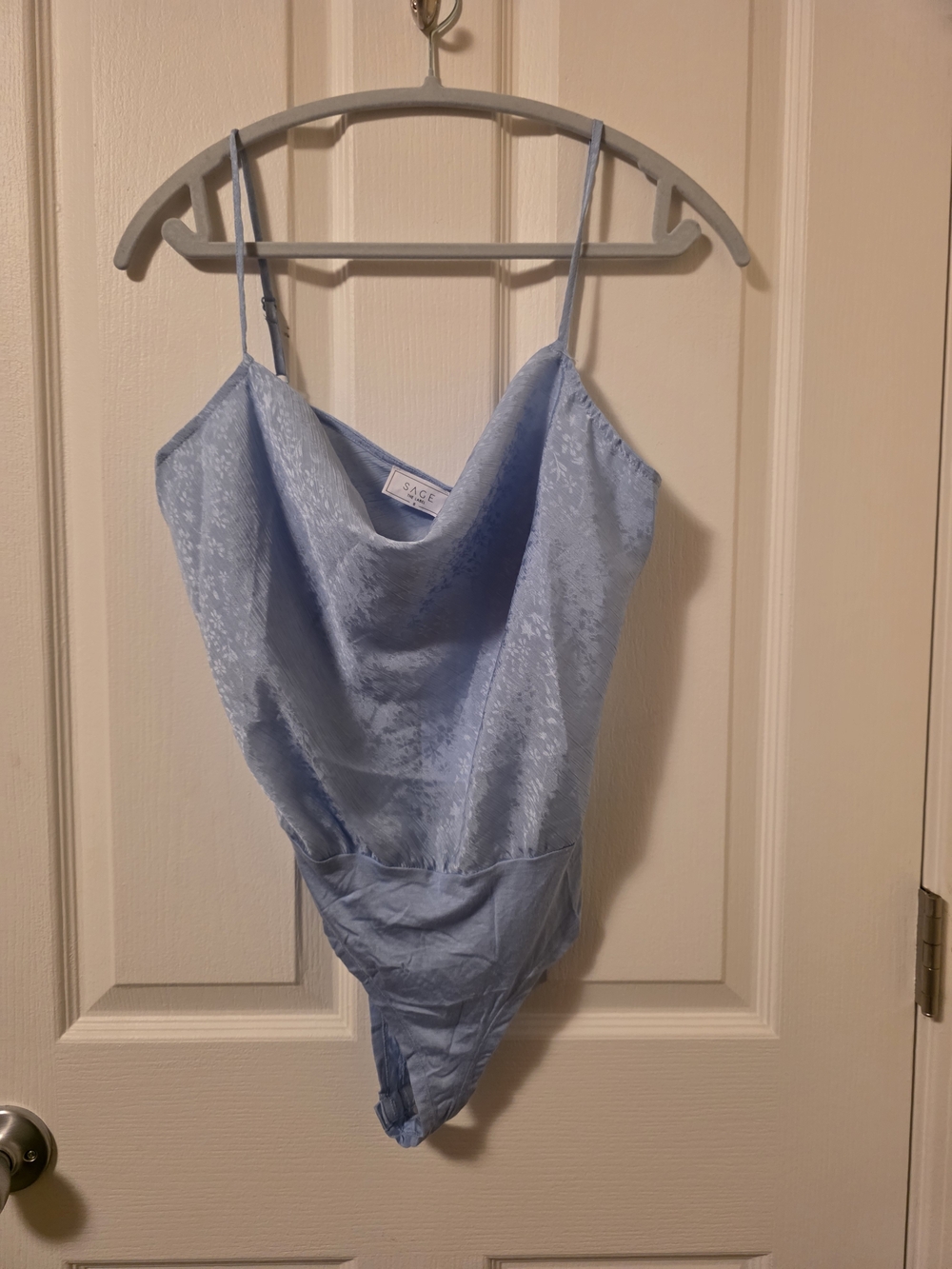 NWT Sage the Label Blue Floral Satin Jacquard Cowl Neck Bodysuit Size S